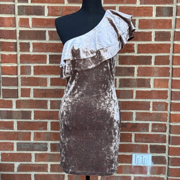 Forever 21 Mini Party Dress Large Brown Crushed Velvet Ruffled One Shoulder - Picture 1 of 9